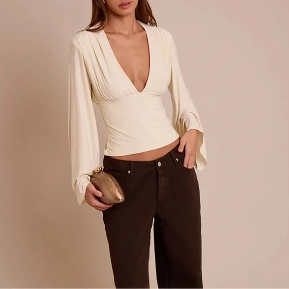 PLT Double Layer Slinky Drape Plunge Long Sleeve Top - Picture 3 of 5